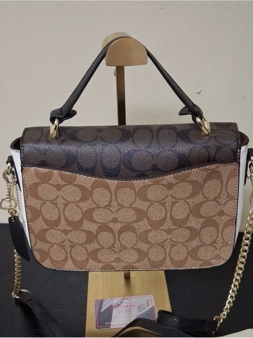 Coach Two-Tone Signature Gold Chain Turn-lock Crossbody Bag Brown & Tan NWT